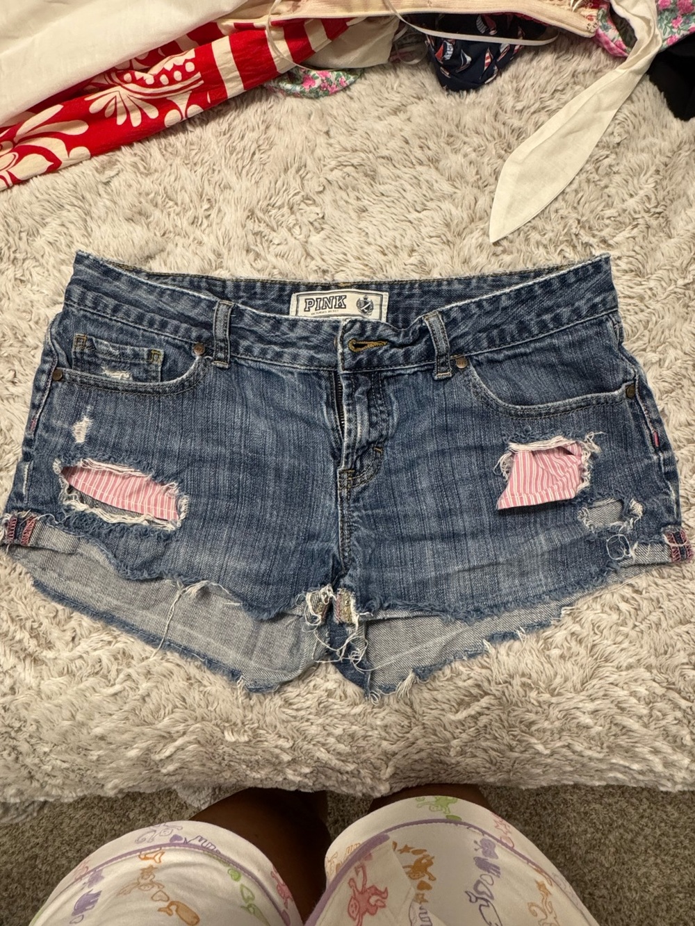 PINK Victoria's Secret Distressed Blue Denim Shorts with Pink Patch Details